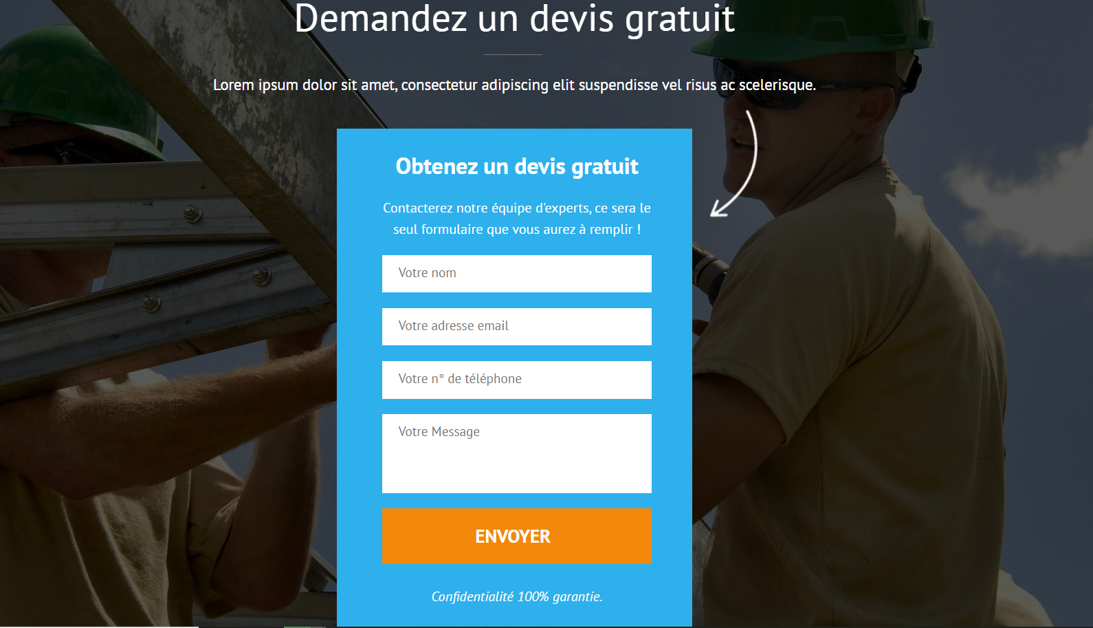 Page d'Accueil site démo pour artisans, section devis